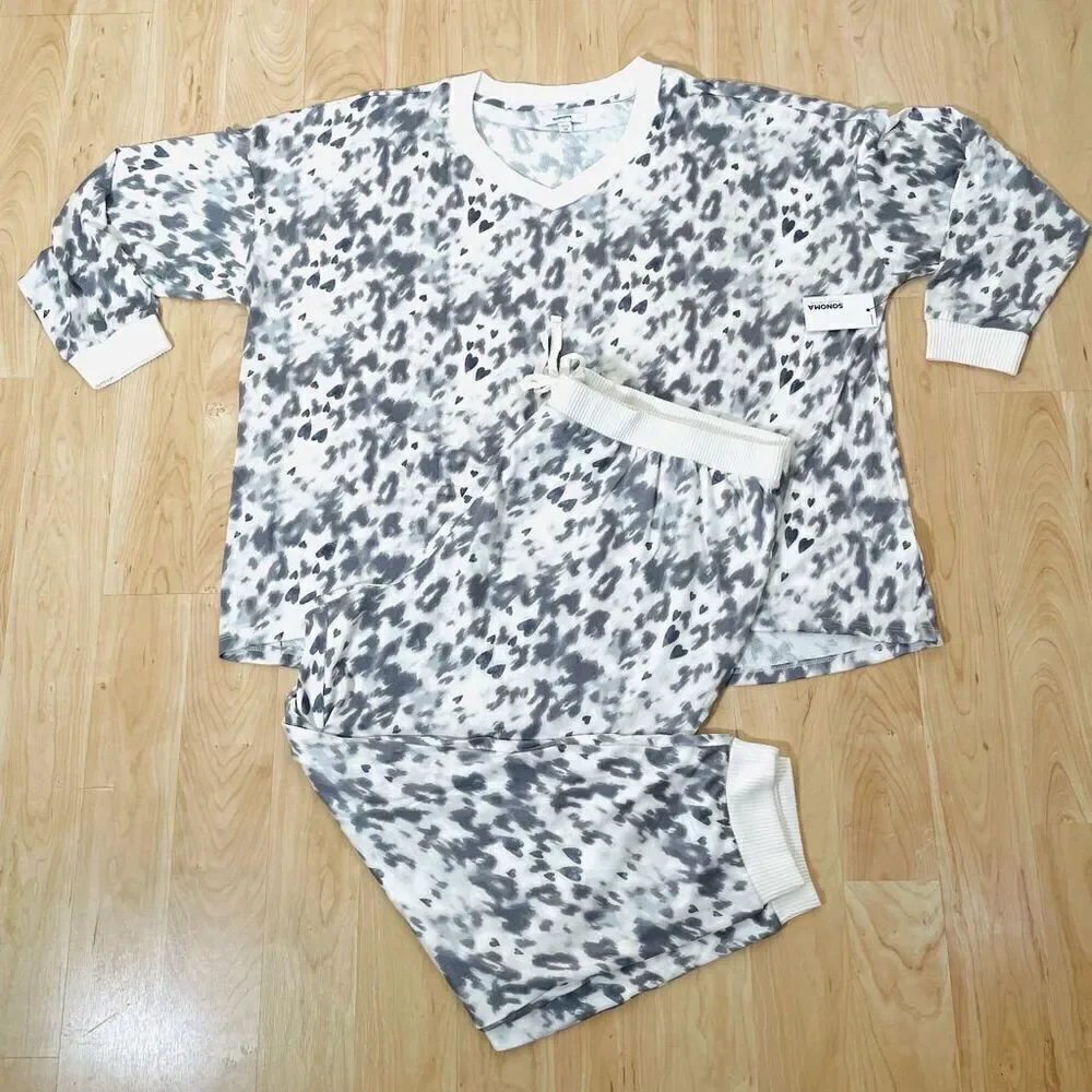 NWT Plus Size 3X Sonoma 2,Pc V-Neck Pajama Top & Pants Sleep Set Gray Leopard